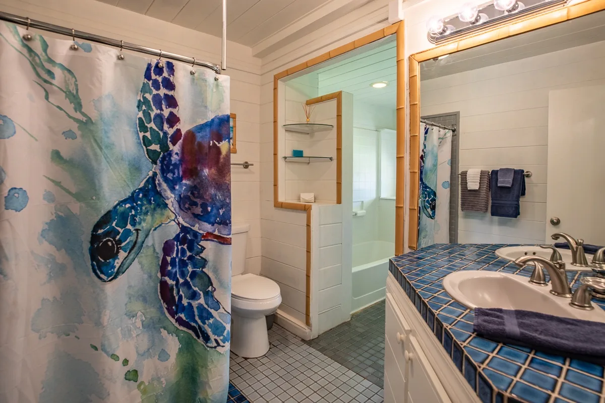 A bathroom with a colorful sea turtle shower curtain and a tiled vanity.