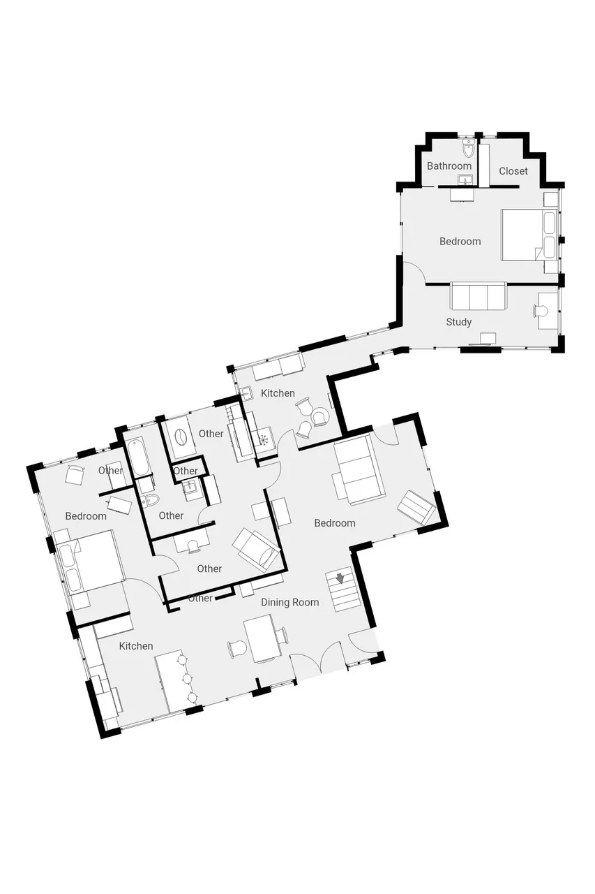 A floor plan shows bedrooms, a kitchen, dining area, bathroom, and study.