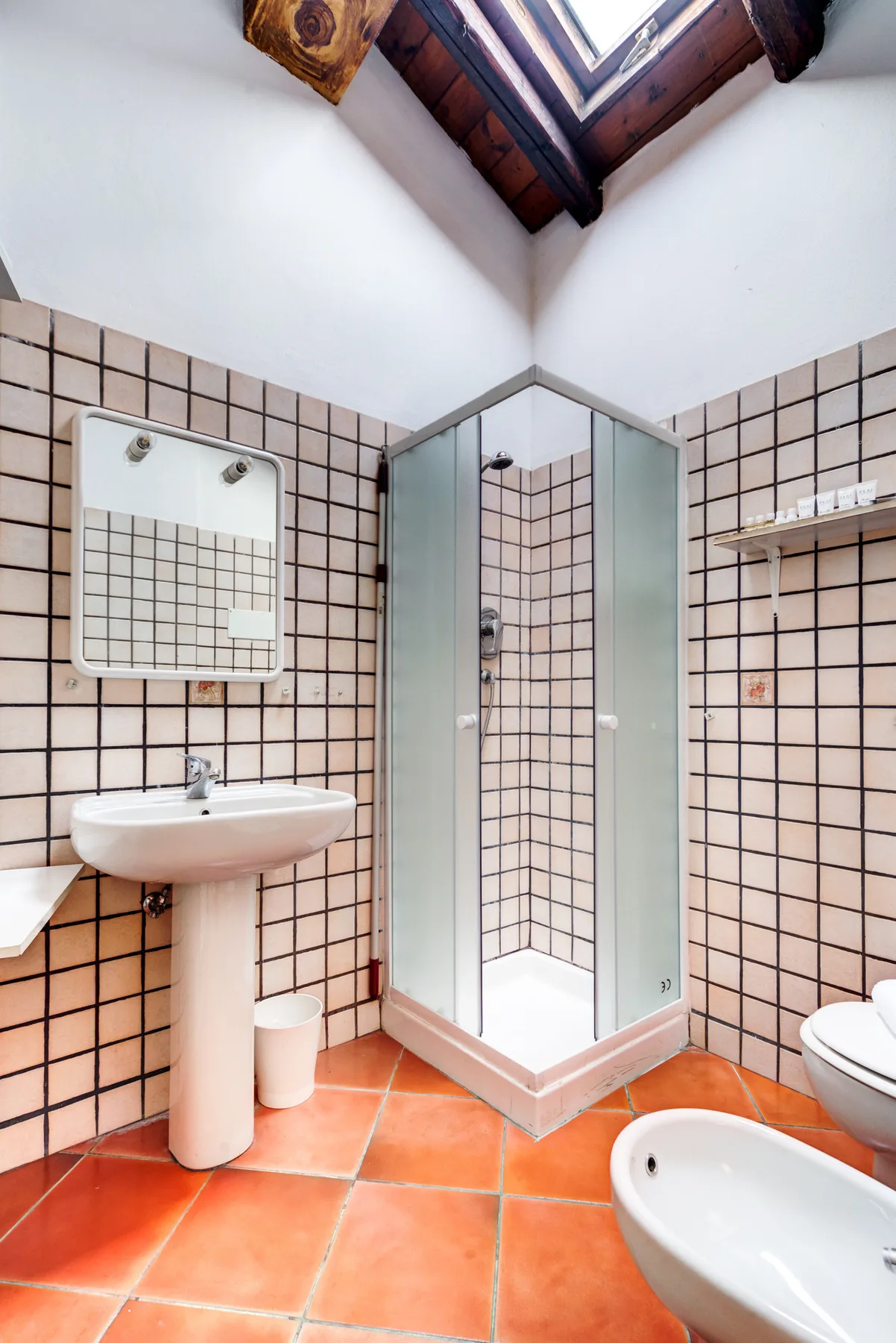 Un baño con azulejos, lavabo, ducha y tragaluz.