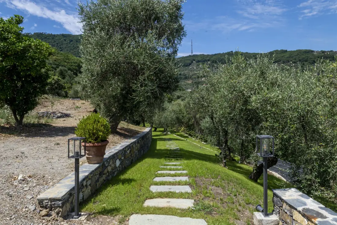A garden path of stepping stones runs between trees and low stone walls.