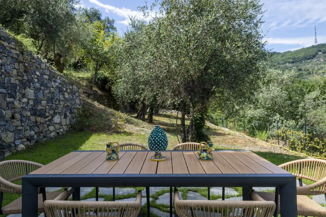 An outdoor dining area with a table and chairs beneath trees.