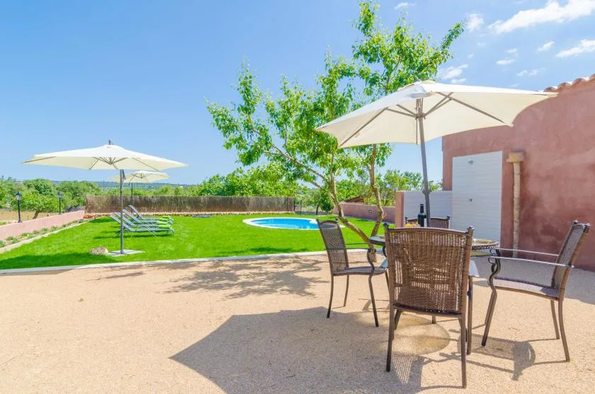 A sunny patio with outdoor seating overlooks a lawn, trees, and a small pool.