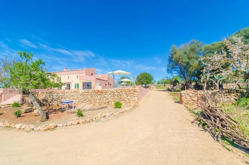A dirt driveway leads past stone walls toward a pink building and trees.