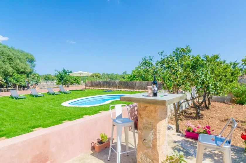 An outdoor garden and pool area with a raised bar counter and seating.