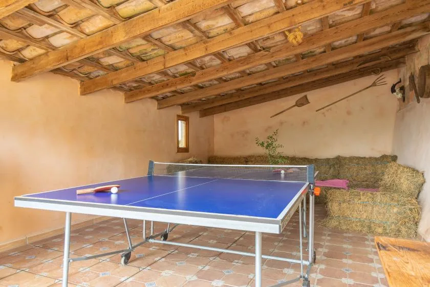 A table tennis table sits beneath exposed wooden beams in a rustic indoor recreation space.