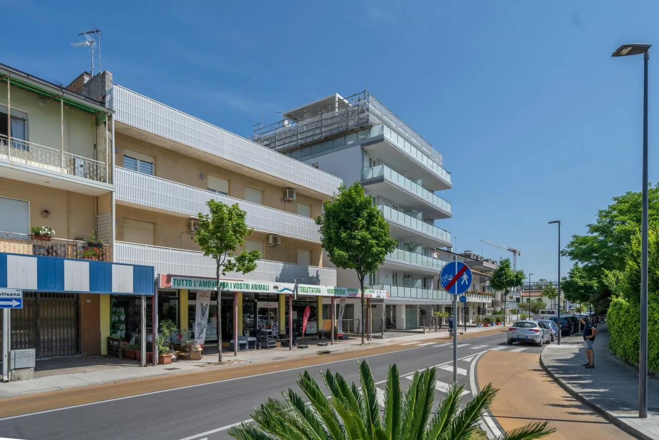 A sunny street scene with low-rise buildings, shops, and trees along the road.
