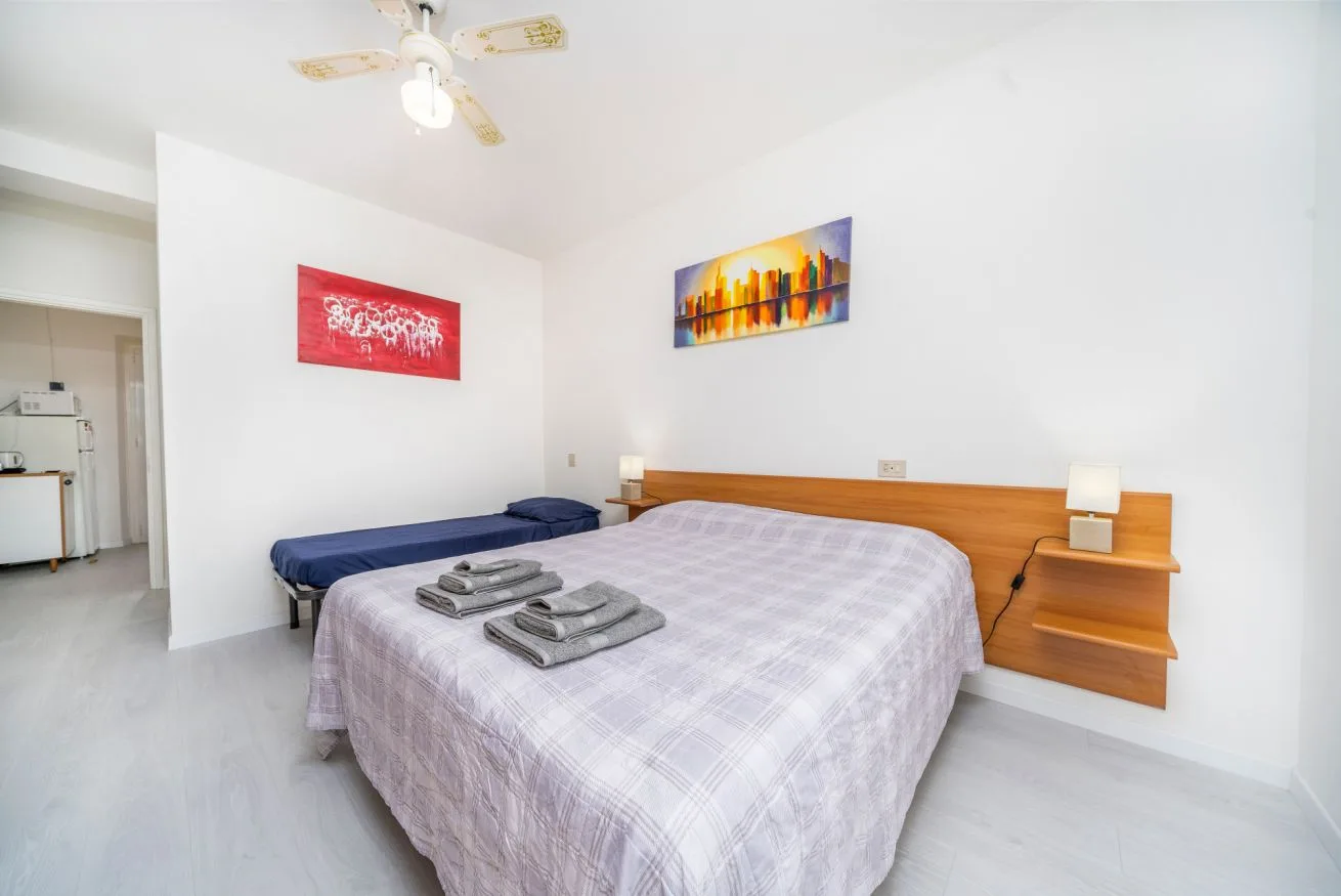 A bedroom with a large bed and a smaller bed beside it.