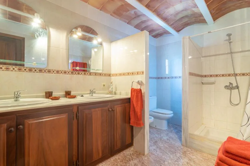 Un baño alicatado con un largo tocador de madera, inodoro y ducha.