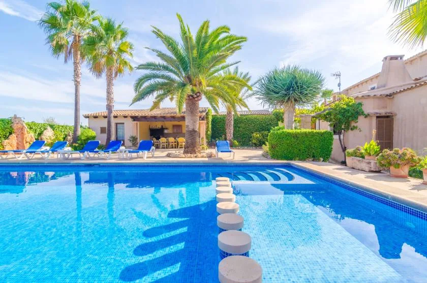 Una piscina exterior luminosa está rodeada de palmeras y asientos de descanso.