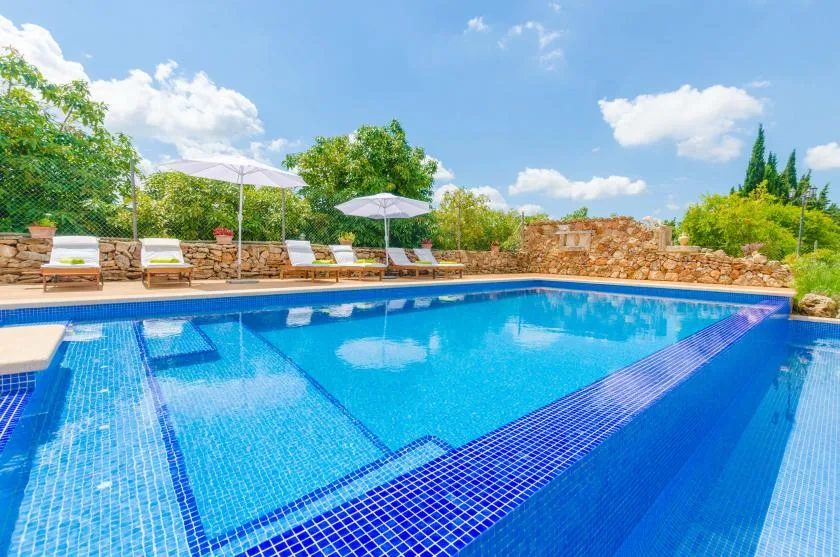 Outdoor swimming pool with blue water, surrounded by stone walls and greenery.