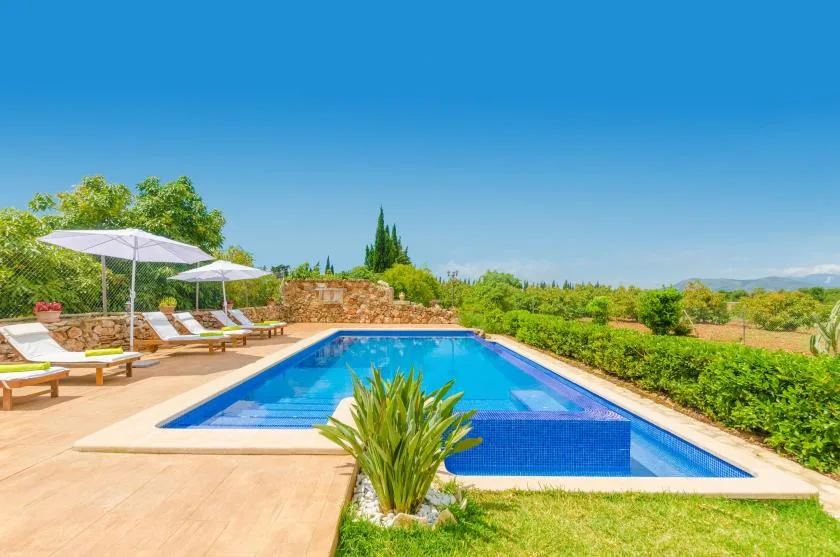 An outdoor swimming pool sits beside a sunny paved deck with loungers and umbrellas.