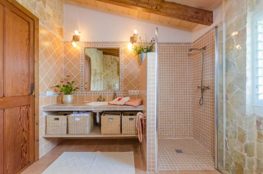 A bathroom with a sink, mirror, and tiled shower area.