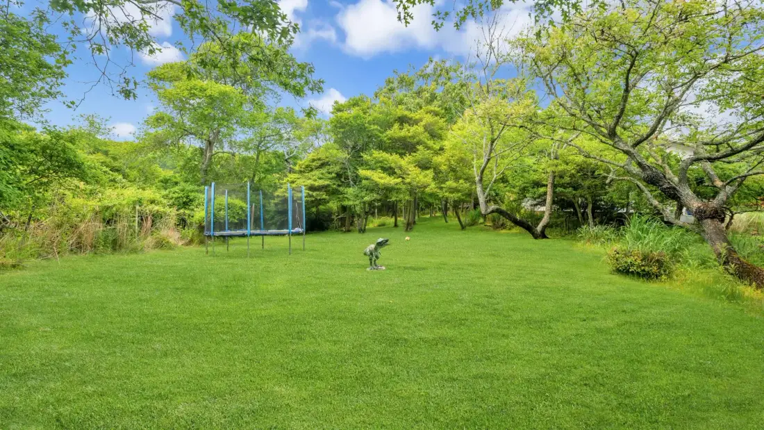 Un jardín de césped con árboles frondosos y un trampolín.
