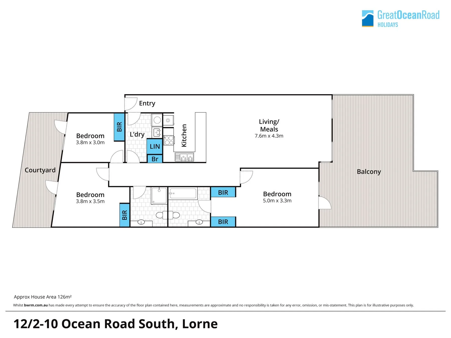 Apartment floor plan showing bedrooms, a living and dining area, and balconies.