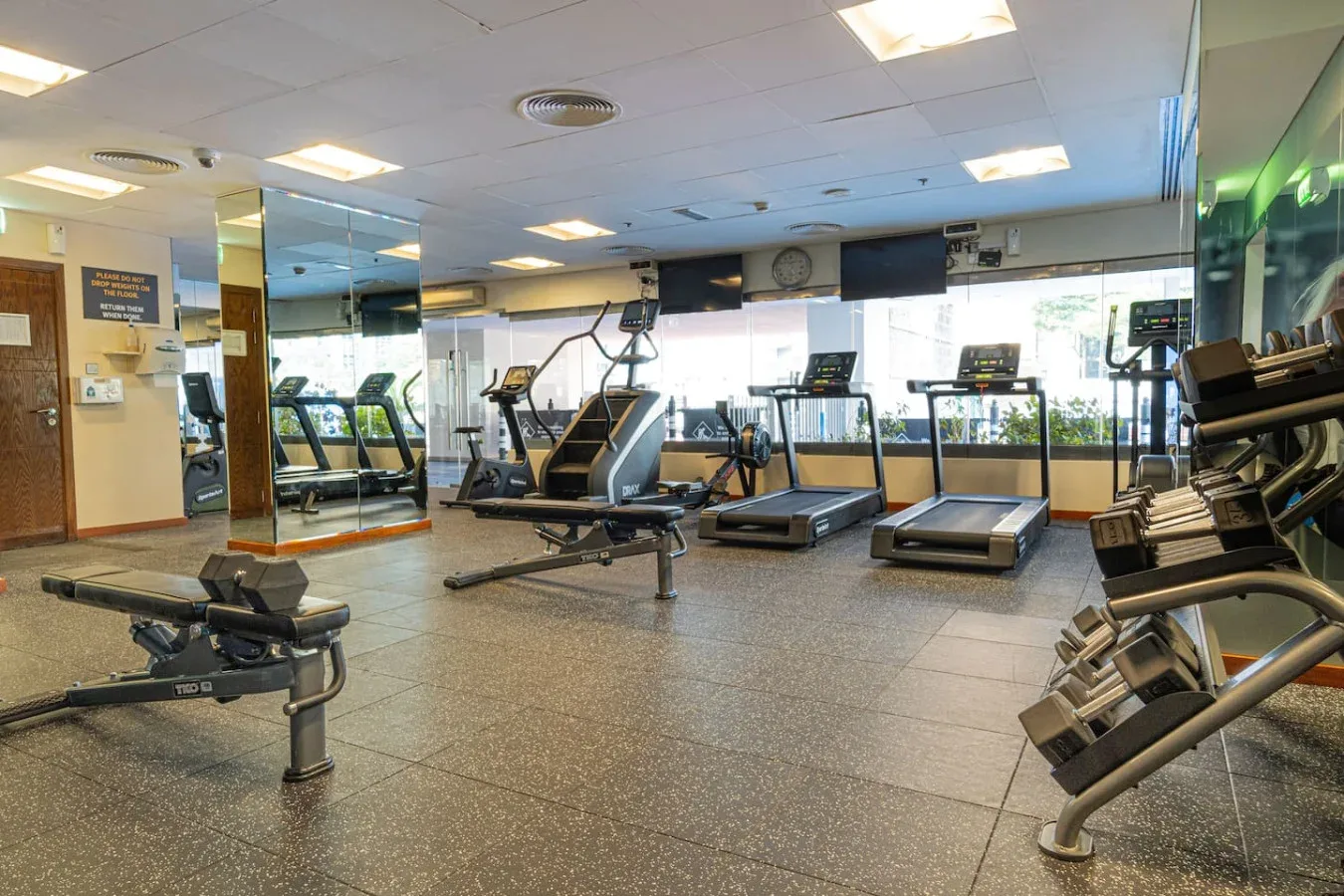 A gym with treadmills and other exercise equipment.