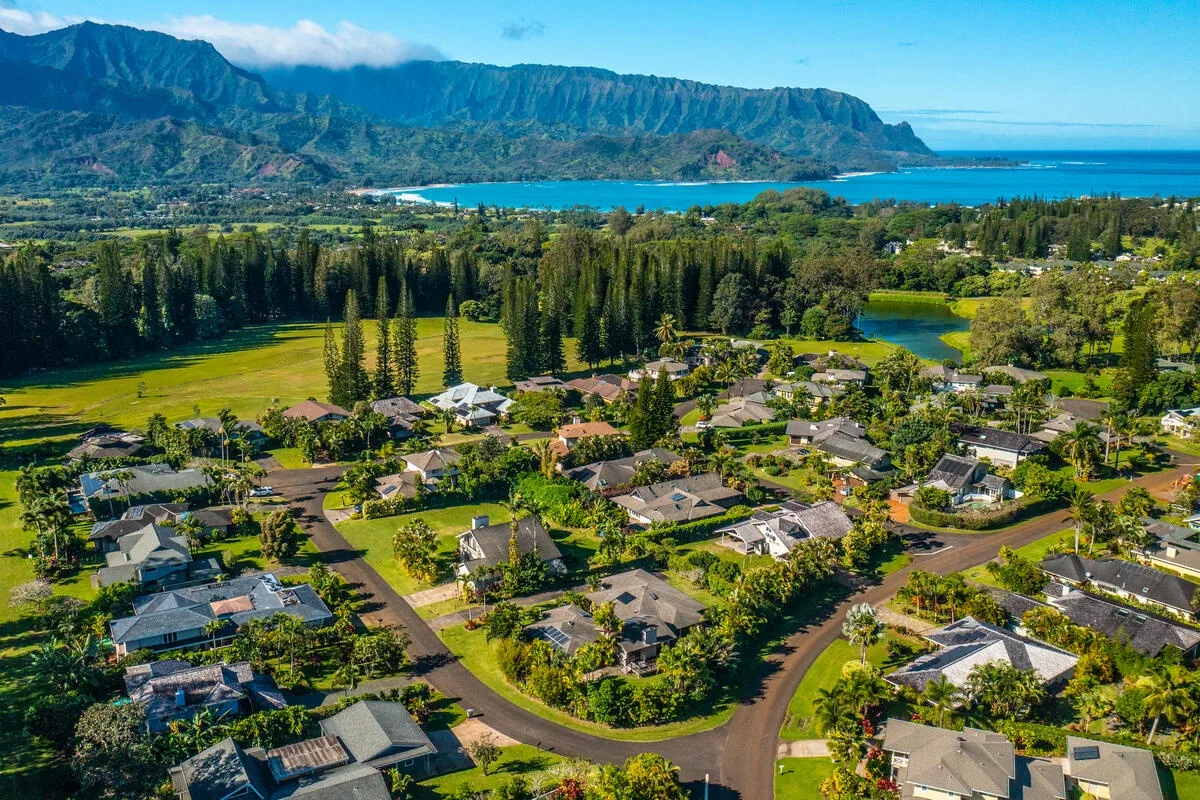 An aerial view of a residential neighborhood amid green fields, with mountains and ocean beyond.