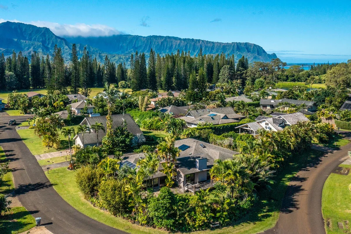 An aerial view of homes among tropical greenery, with mountains and the ocean beyond.