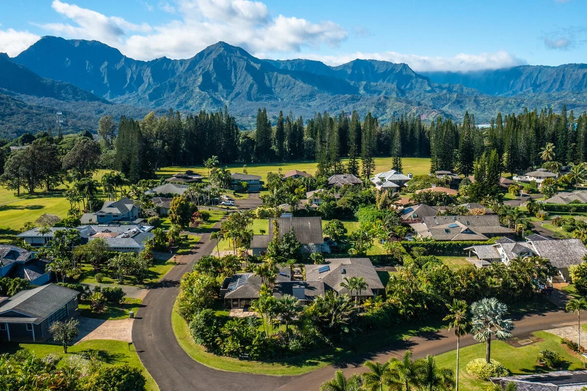 Aerial view of a residential neighborhood with green landscaping and mountains in the distance.
