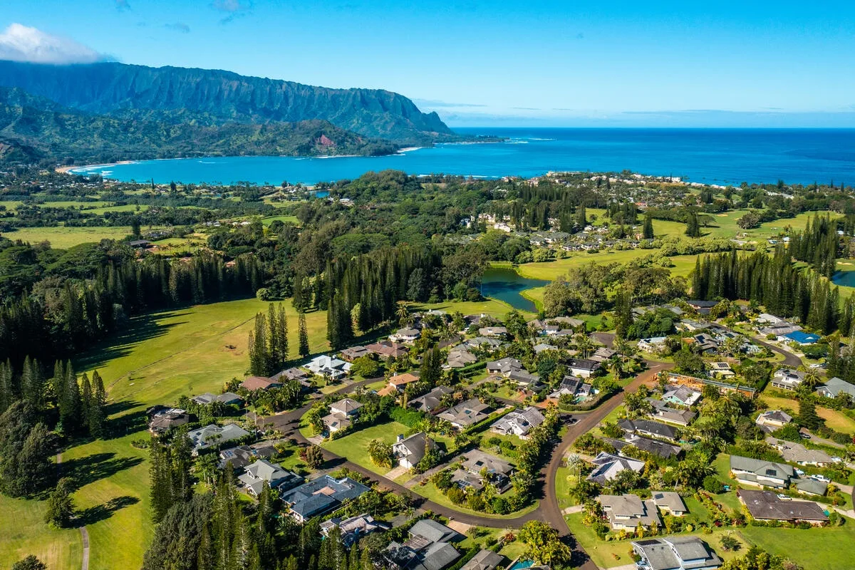 An aerial view of a residential neighborhood amid green fields, with the ocean and mountains beyond.