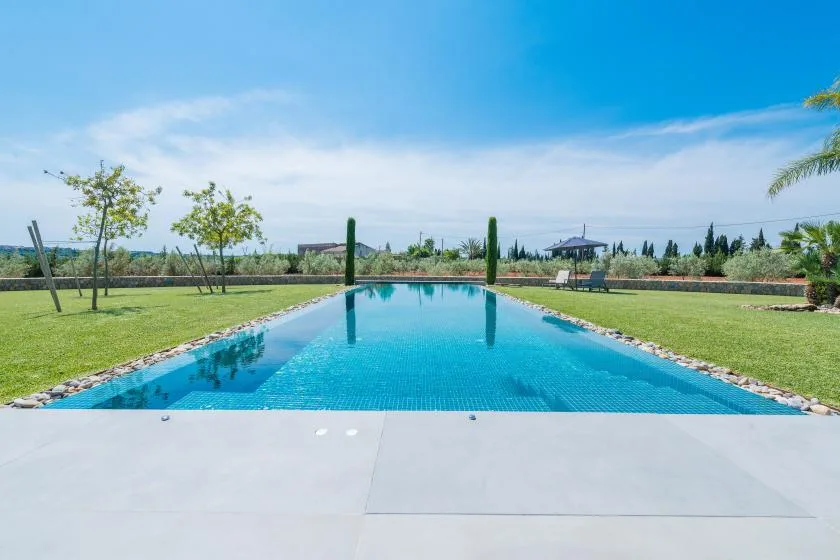 An outdoor swimming pool sits in a landscaped garden beneath a clear blue sky.