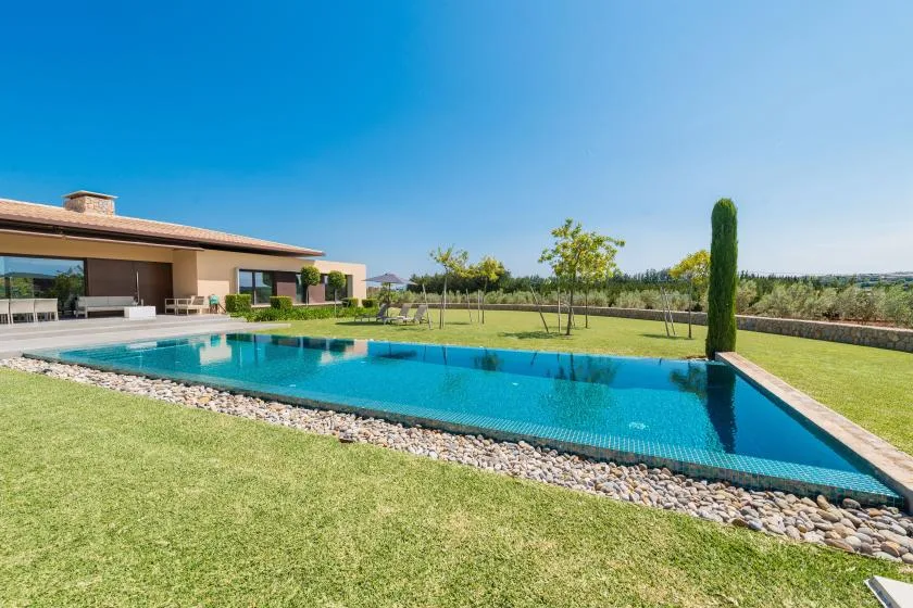A modern house overlooks a long swimming pool set in a grassy lawn.