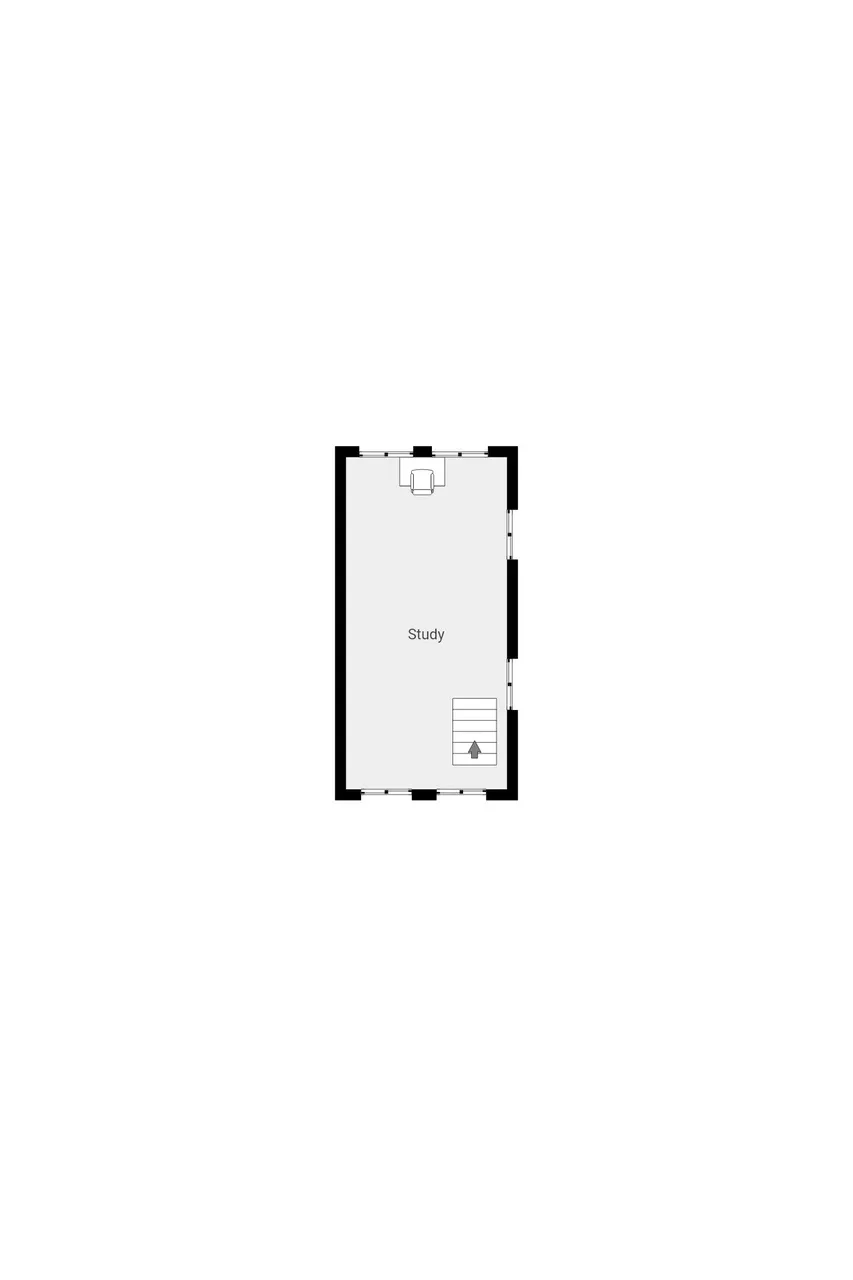 Un plano muestra una habitación rotulada como estudio, con un escritorio y una silla.