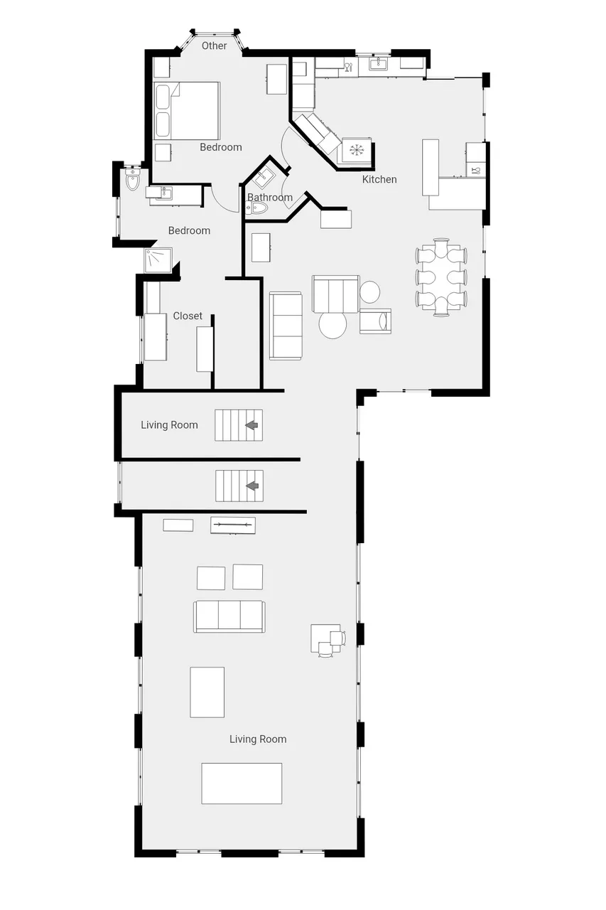 Un plano muestra dormitorios, baños, una cocina y dos salas de estar.
