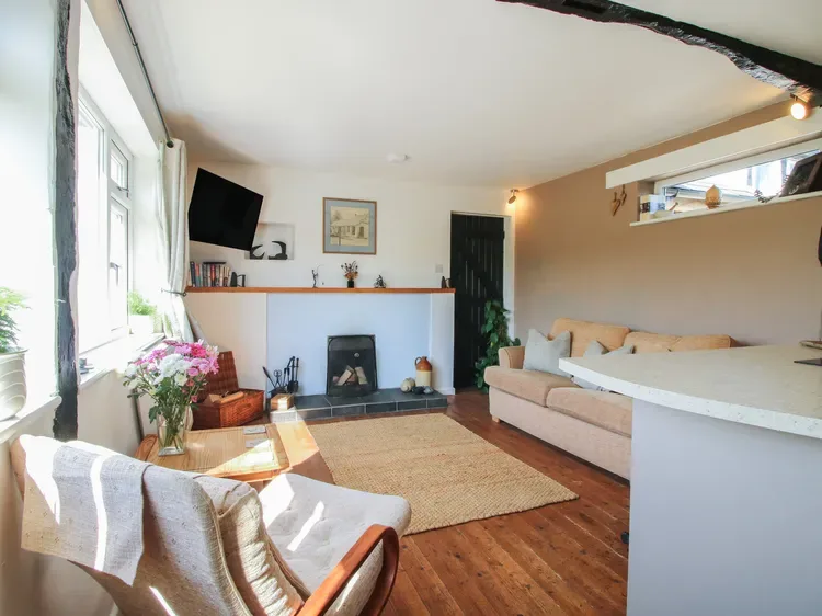 Una luminosa sala de estar con asientos, una chimenea y una alfombra sobre el suelo de madera.