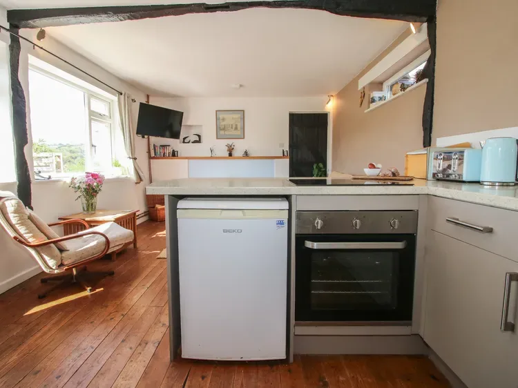 Una cocina con un refrigerador compacto y un horno bajo la encimera.