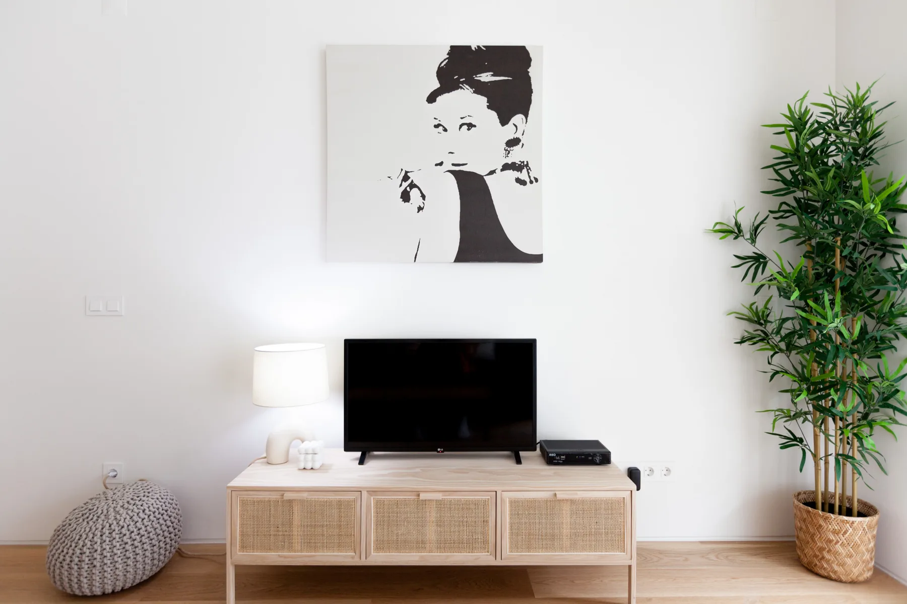A bright living room with a television on a woven-front cabinet and a potted plant.