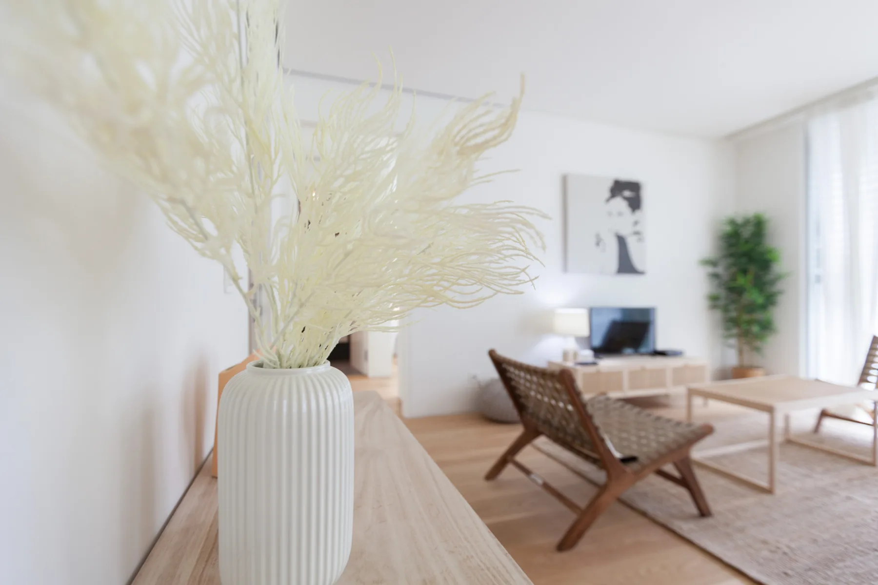 Bright living room with a low table, woven seating, and a television.