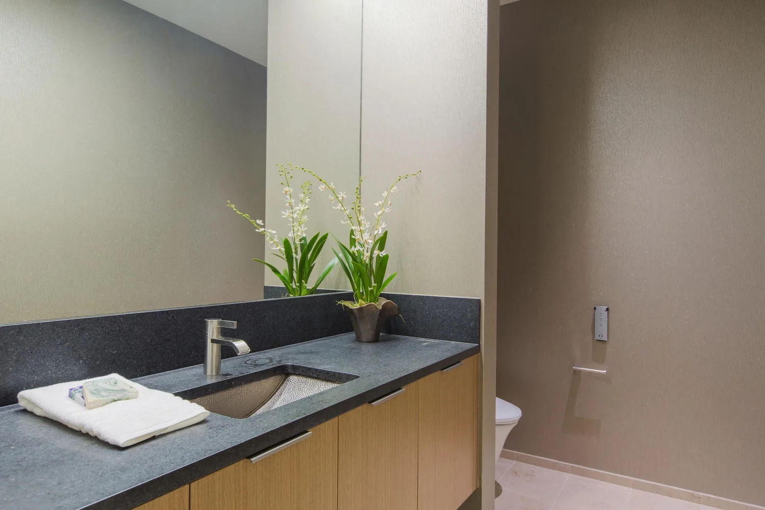 A bathroom vanity with a sink, folded towels, and a potted plant.