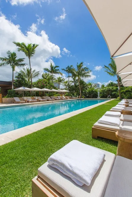 A palm-lined outdoor pool is bordered by green lawn and rows of cushioned loungers.