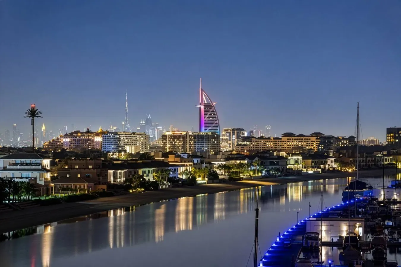Un horizonte urbano nocturno junto al agua, con edificios iluminados reflejados en ella.
