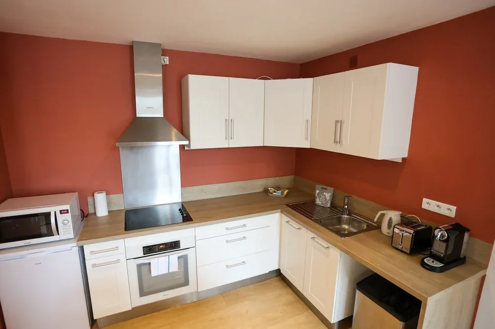 A kitchen with white cabinets, a cooktop, and a countertop sink.