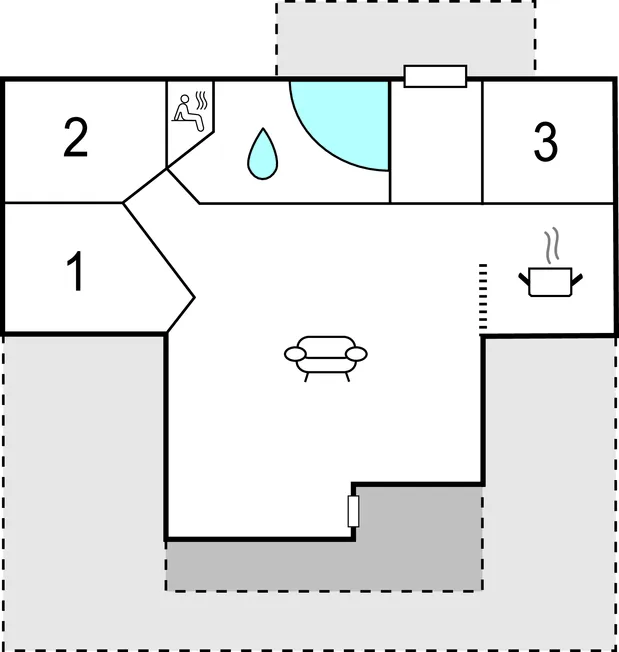 Un plano muestra tres habitaciones numeradas, una zona central de asientos y un baño.