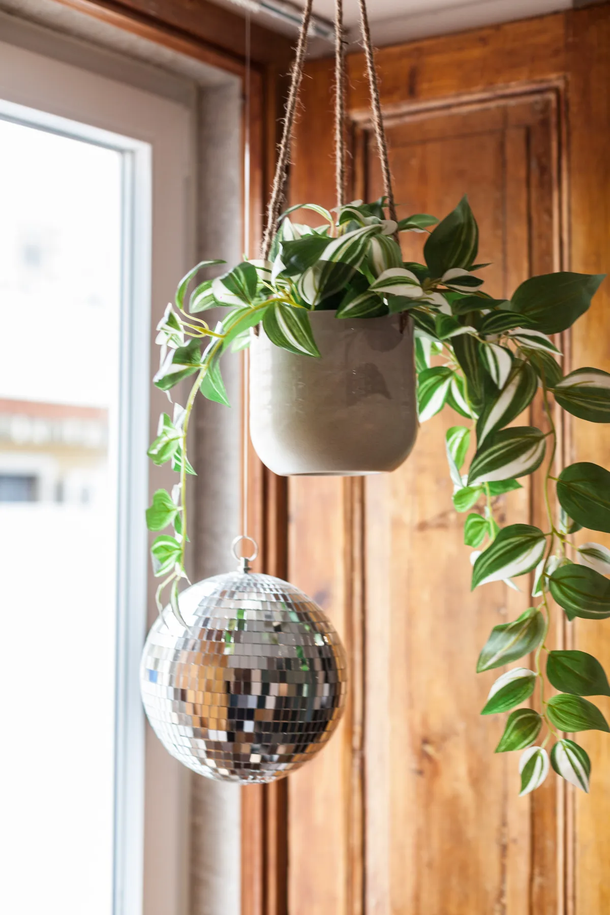 A hanging potted plant and mirrored ornament beside a bright window.