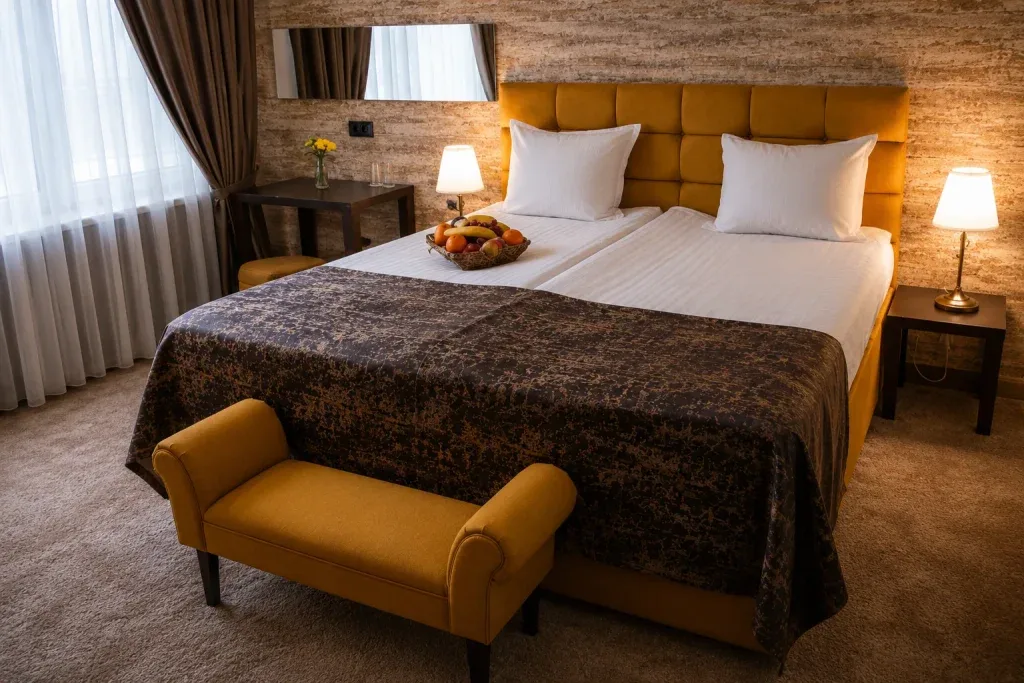 Gold room with a double bed