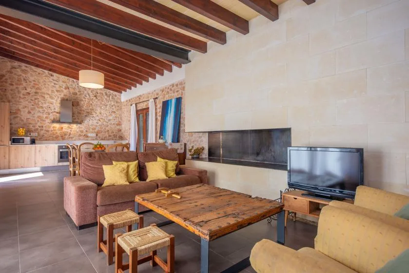A living room with seating, a wooden coffee table, and a television.