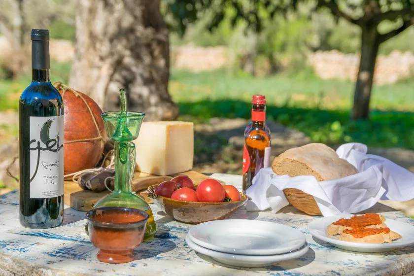 An outdoor table is set with wine, bread, cheese, and tomatoes.