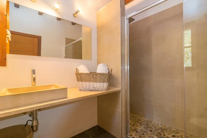 A bathroom vanity with a sink and a glass-enclosed shower.