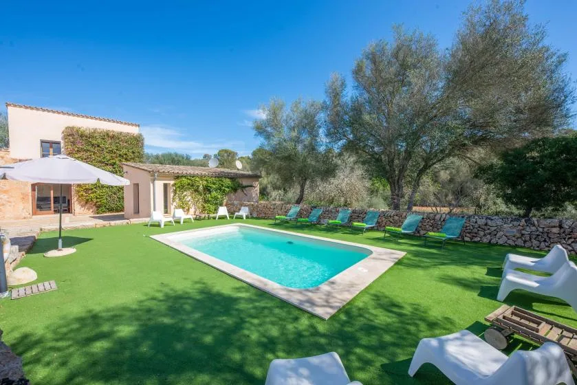 An outdoor swimming pool sits in a green lawn beside a stone wall and trees.