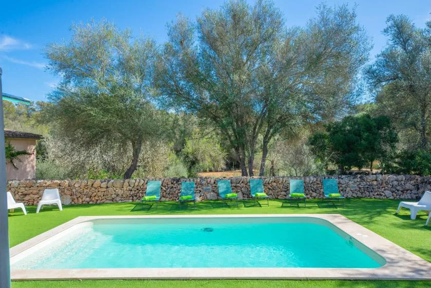An outdoor swimming pool is surrounded by green lawn, lounge chairs, and trees.