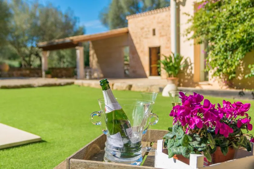 A landscaped courtyard with a green lawn, flowering plants, and a stone house.