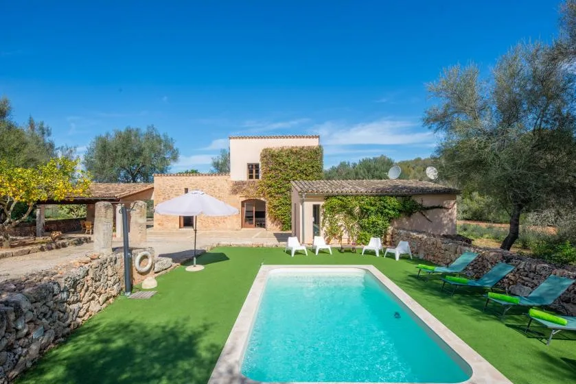 A swimming pool sits in a green courtyard beside a house and outdoor seating.