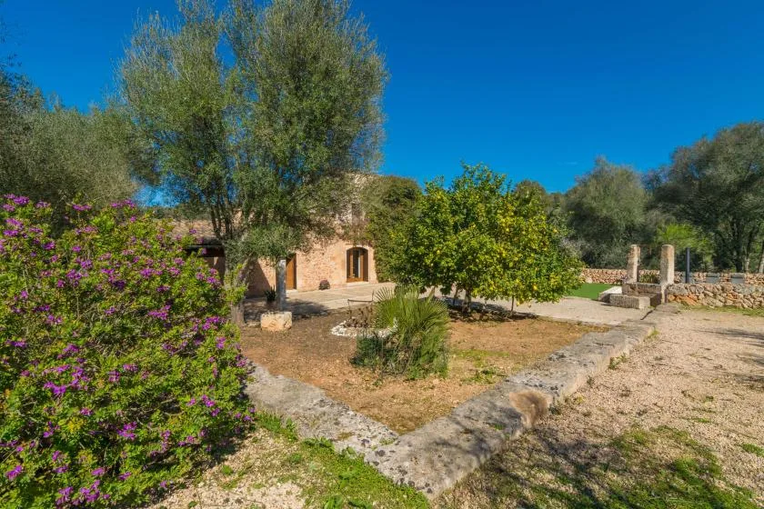A stone house sits among flowering shrubs and trees in a sunny garden.
