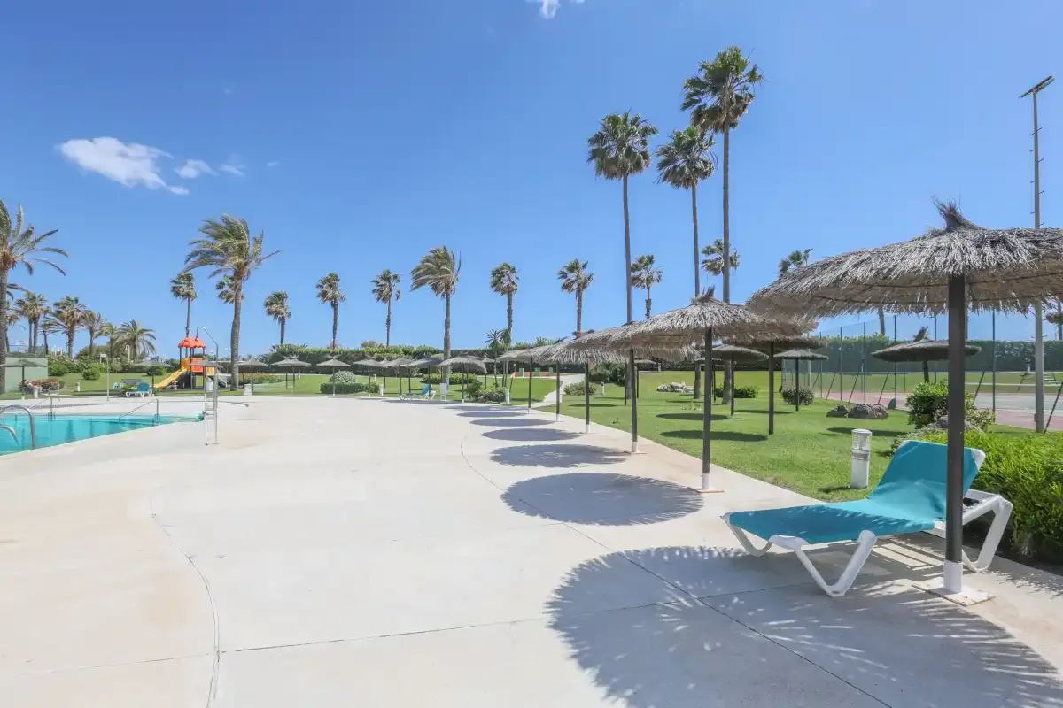 A sunny poolside patio with shaded seating and palm trees.