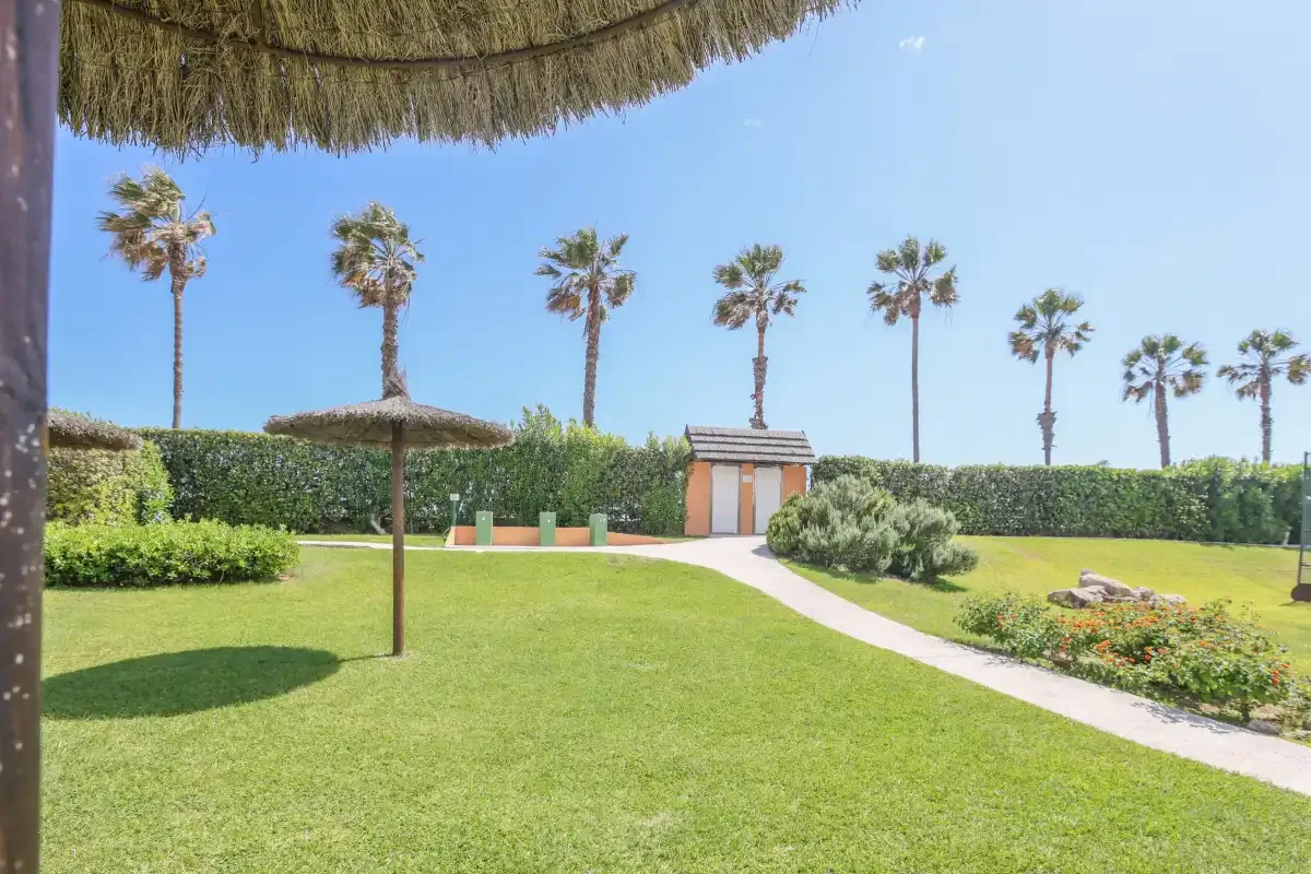 A landscaped garden with a curved path, hedges, and palm trees beneath a thatched canopy.