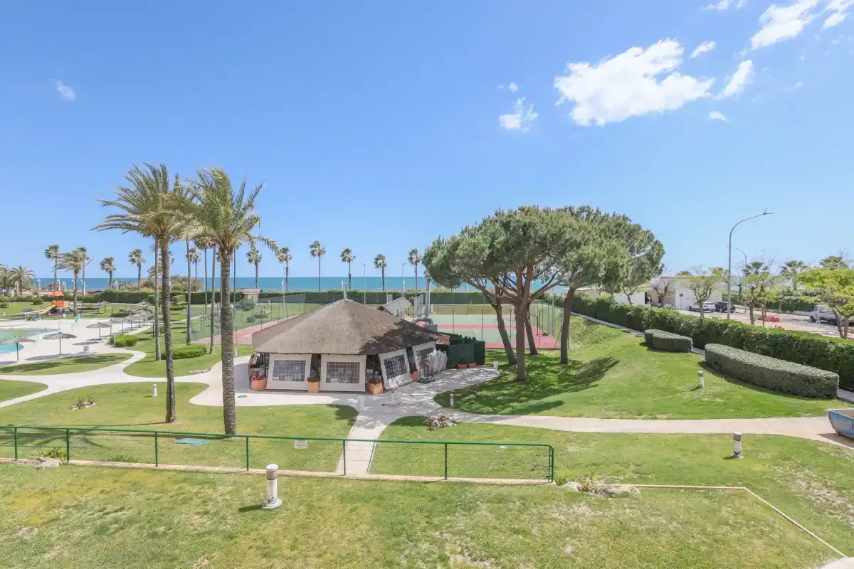 A landscaped seaside park with palm trees, paths, and a low building.