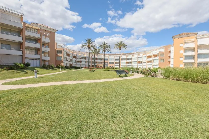A landscaped courtyard with a curved path and palm trees in front of apartment buildings.